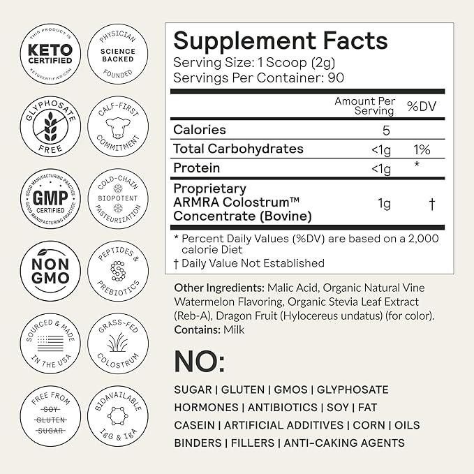 ARMRA Colostrum™ Powder | Unflavored | Gut Health & Bloating | Skin & Hair | Immunity | Keto, Gluten & Fat-Free | 120 Servings