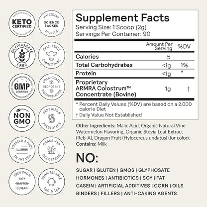 ARMRA Colostrum™ Powder | Unflavored | Gut Health & Bloating | Skin & Hair | Immunity | Keto, Gluten & Fat-Free | 120 Servings