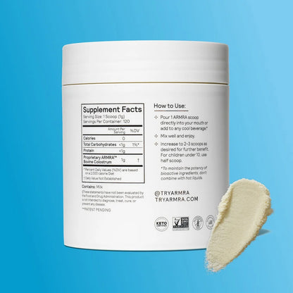 ARMRA Colostrum™ Powder | Unflavored | Gut Health & Bloating | Skin & Hair | Immunity | Keto, Gluten & Fat-Free | 120 Servings